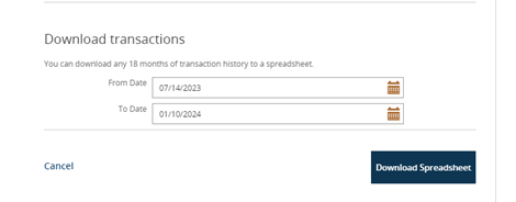 Download transactions to a spreadsheet using a date range